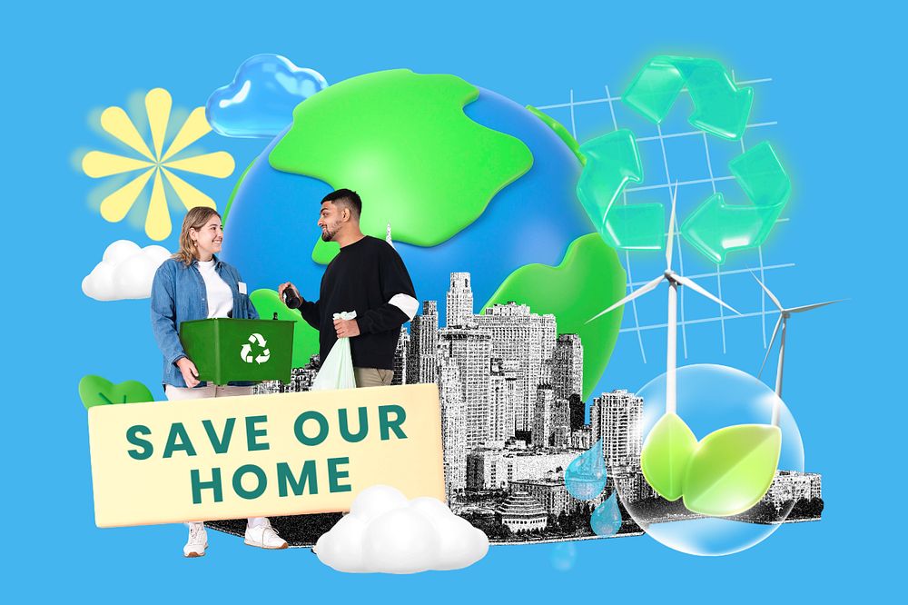 Save our home, editable sustainability word, 3D remix