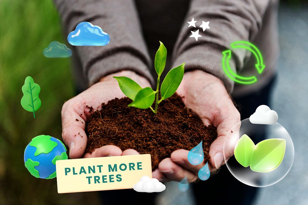 Plant more trees, editable sustainability word, 3D remix