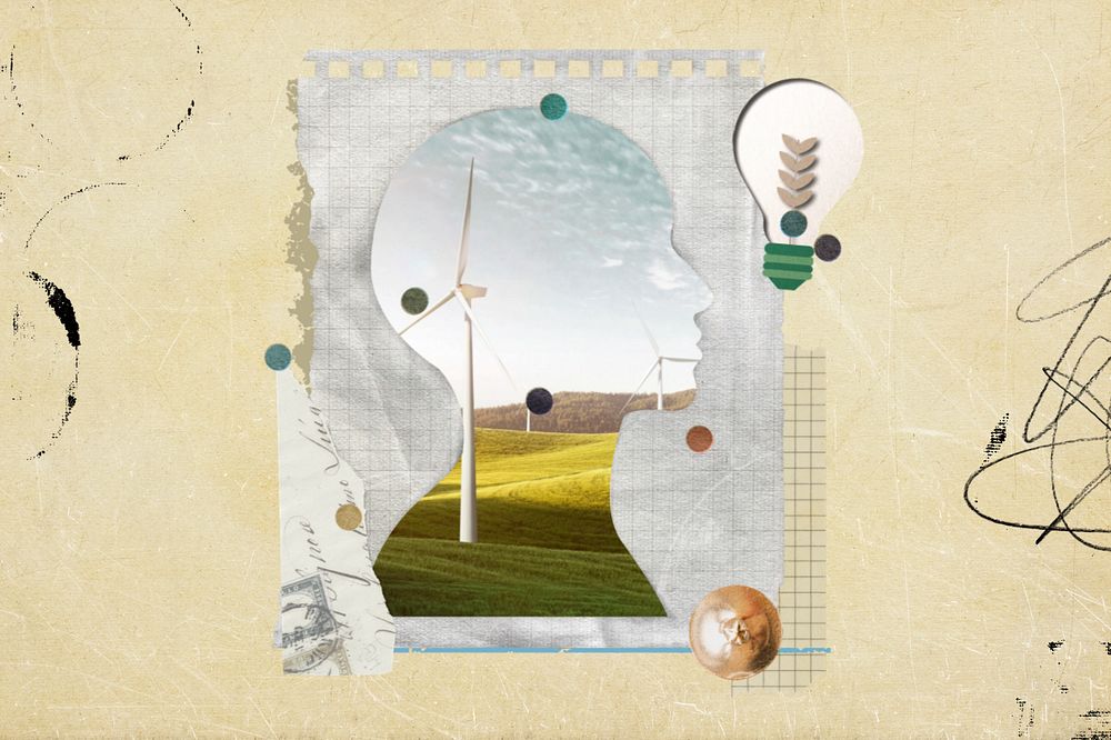 Creative environment collage background, wind turbine farm, editable design