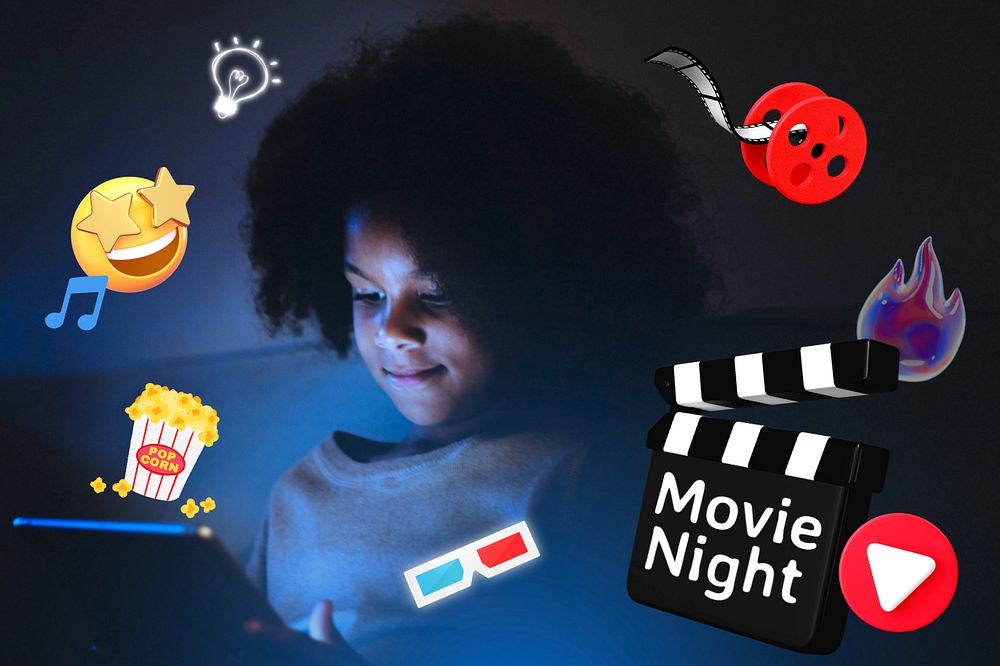 Kids movie night, editable entertainment word, 3D remix