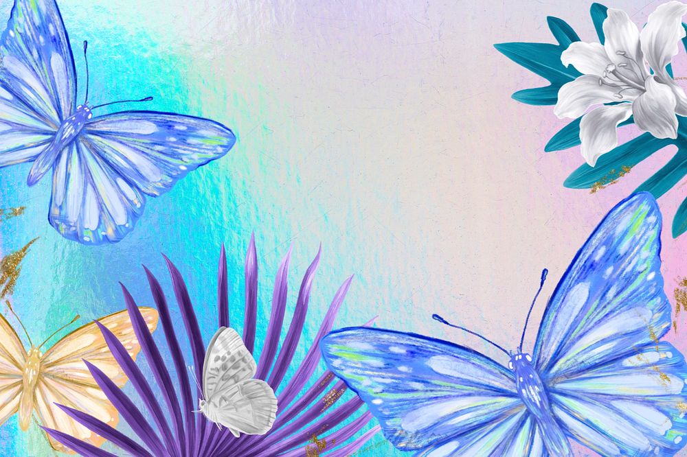 Holographic tropical butterfly background, editable design