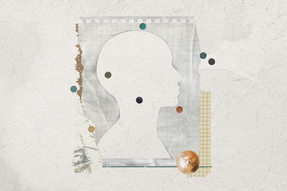 Head silhouette frame background, paper collage, editable design