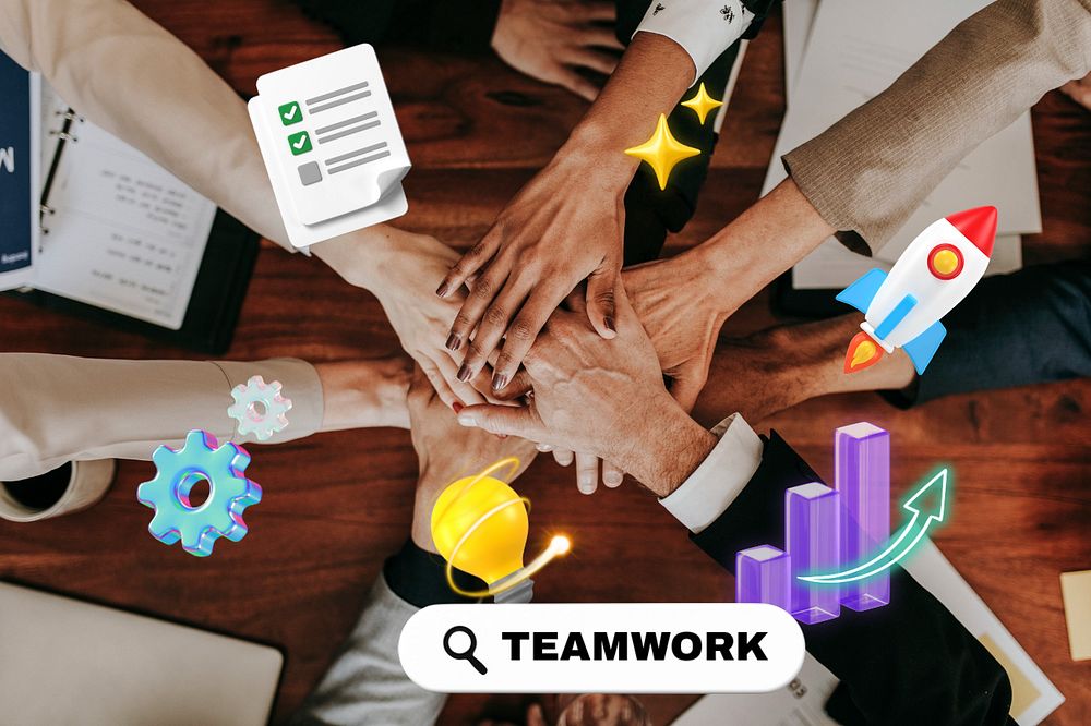 Business teamwork, 3D remix with editable text