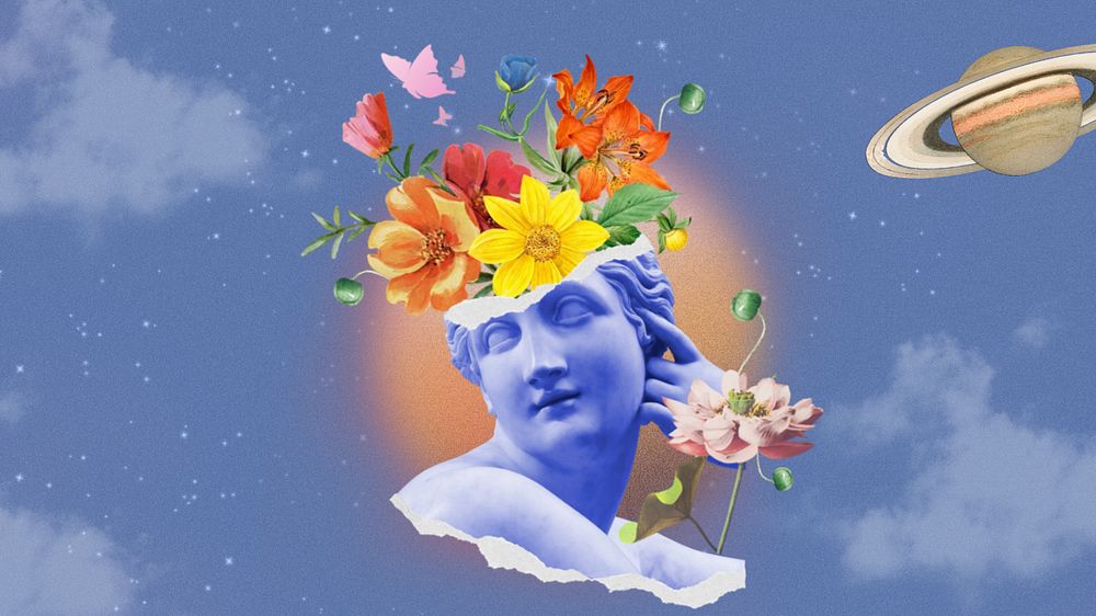 Flora statue head computer wallpaper, outer space background, editable design