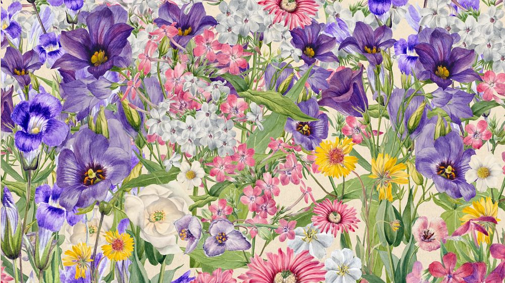 Purple wildflower pattern desktop wallpaper, aesthetic botanical background, editable design