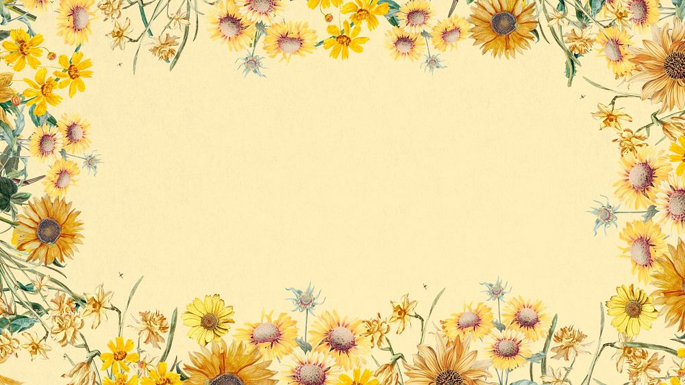 Spring sunflowers frame computer wallpaper, yellow background, editable design