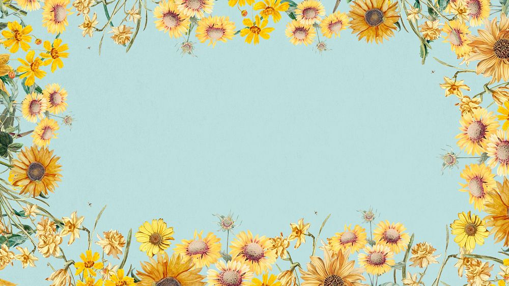 Spring sunflowers frame computer wallpaper, blue background, editable design