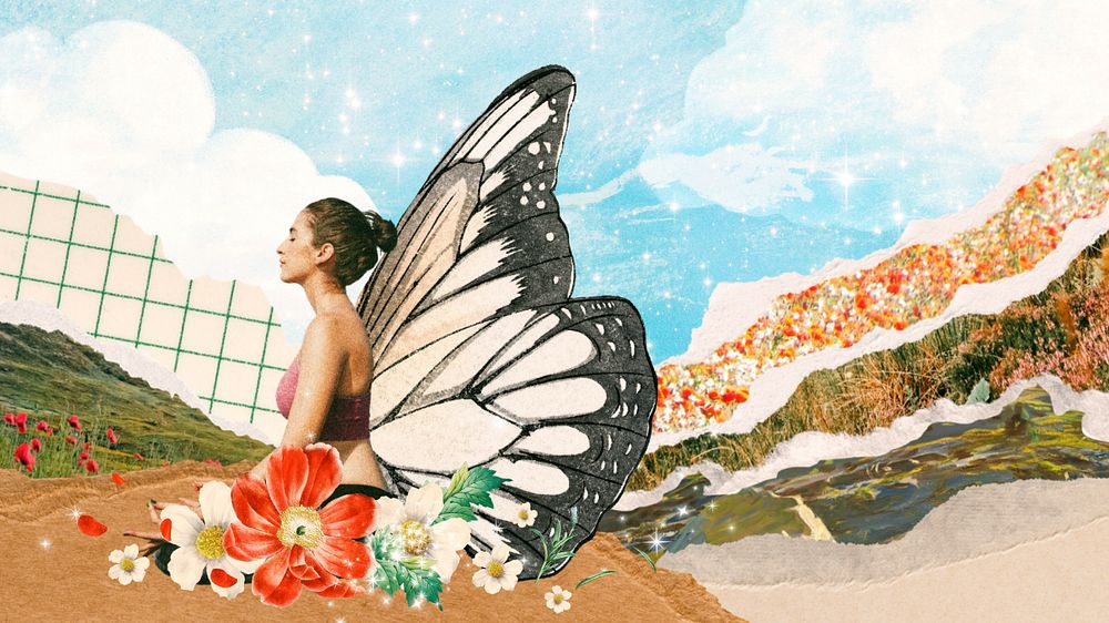 Butterfly wing woman desktop wallpaper, surreal floral collage art, editable design