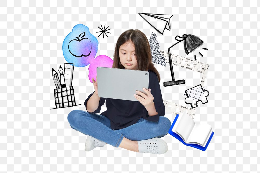 Girl using tablet png, education doodle remix, editable design