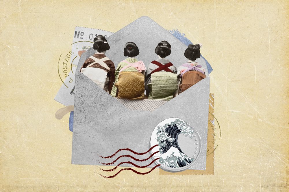 Japanese women background, vintage envelope collage, editable design