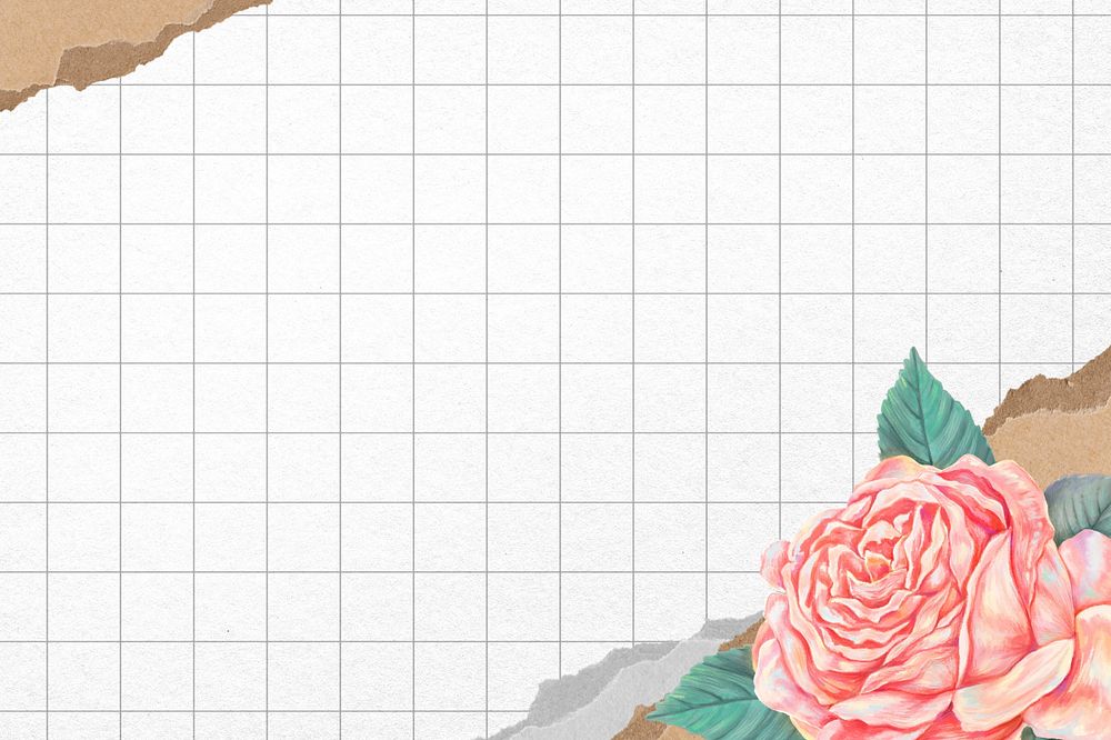 Grid patterned rose background, ripped paper border, editable design