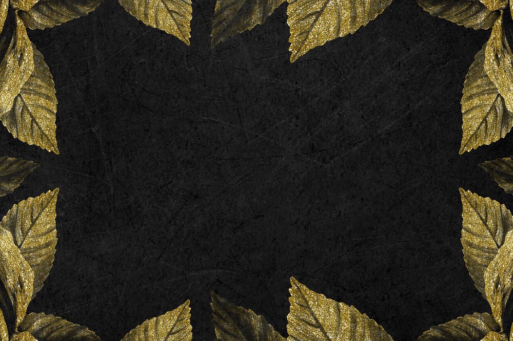 Gold leaf border background, black textured, editable design