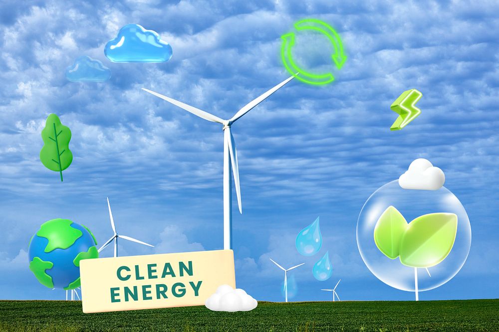 Clean energy, editable sustainability word, 3D remix