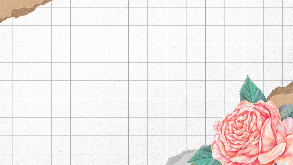 Grid patterned rose computer wallpaper, ripped paper border, editable design