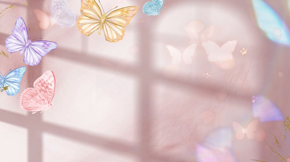 Dreamy butterfly pastel desktop wallpaper, window shadow, editable design