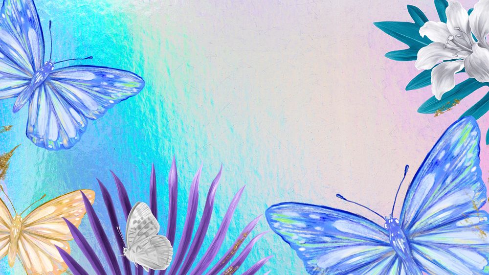 Holographic tropical butterfly computer wallpaper, editable design