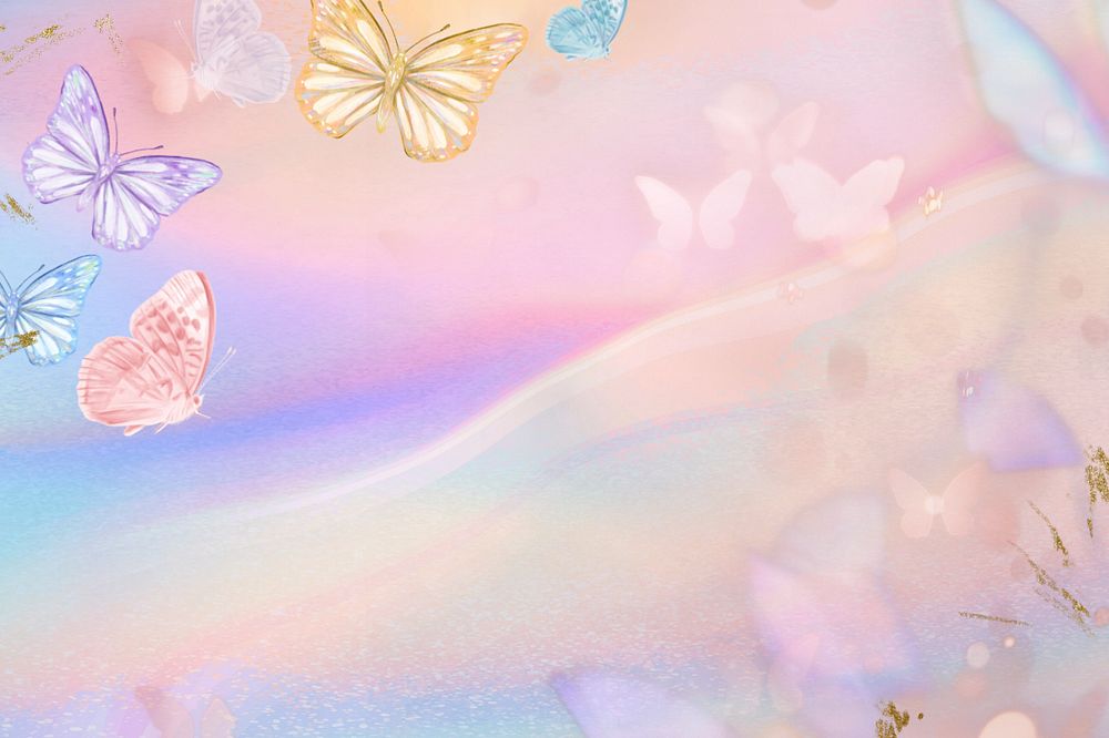 Dreamy butterfly pastel background, colorful holographic, editable design