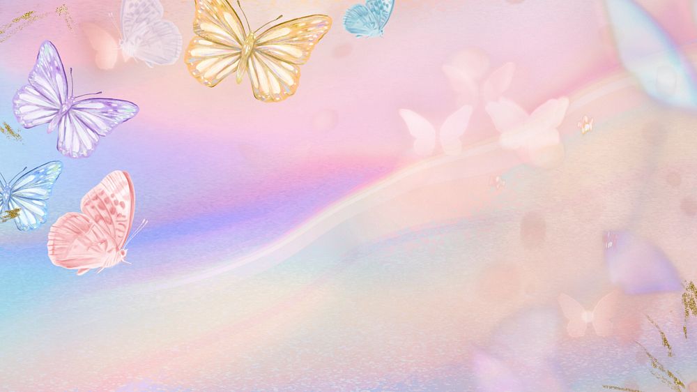 Dreamy butterfly pastel HD wallpaper, colorful holographic background, editable design