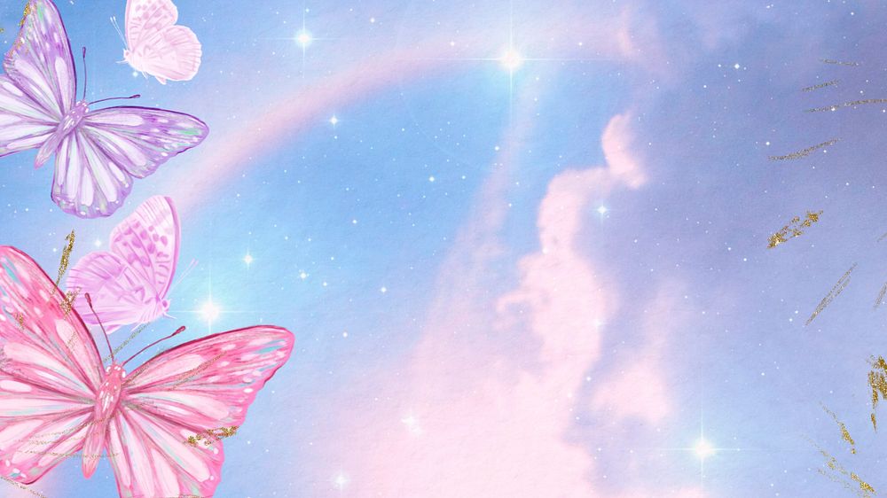 Dreamy butterfly pastel computer wallpaper, aesthetic sky background, editable design