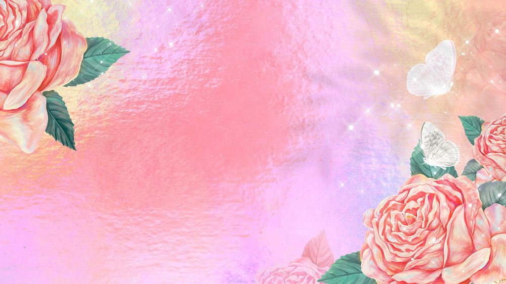 Pink rose border computer wallpaper, aesthetic flower background, editable design