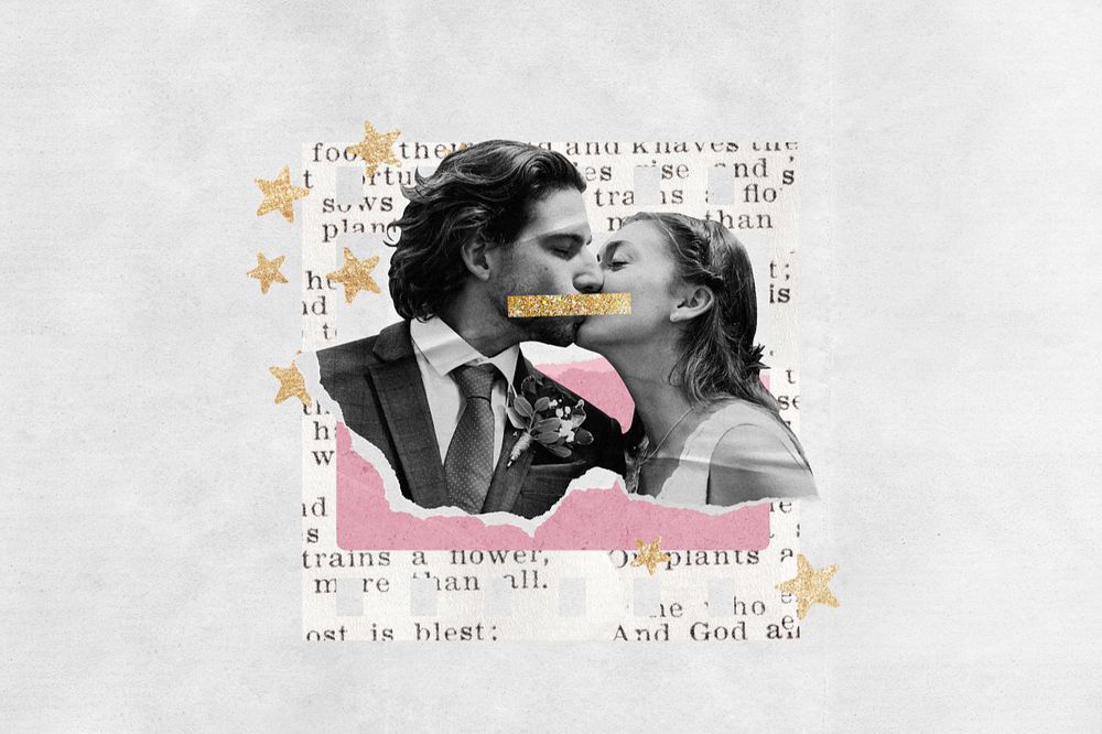 Aesthetic newlywed couple collage remix, editable instant photo frame design