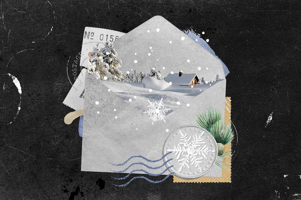 Winter Christmas background, festive envelope collage, editable design