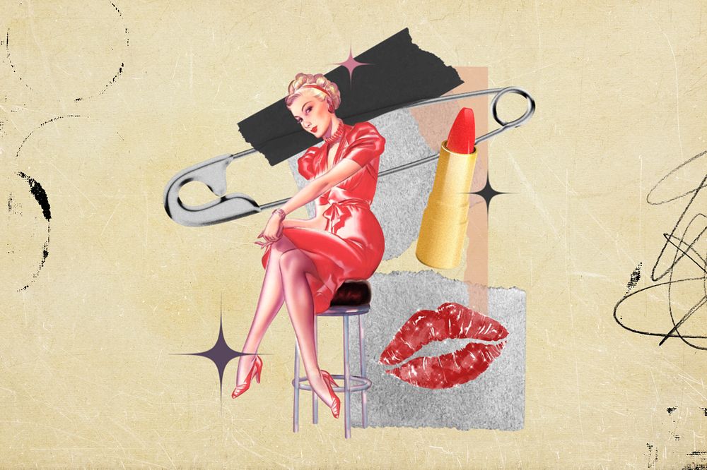 Women's beauty collage background, fashion, red lips, editable design