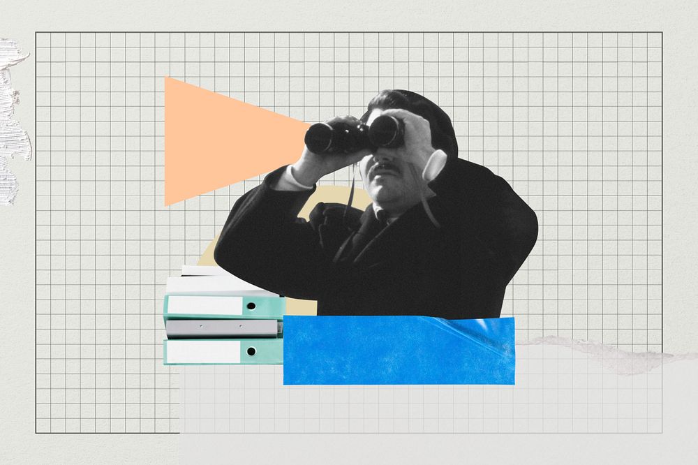 Businessman using binoculars, paper collage art, editable design