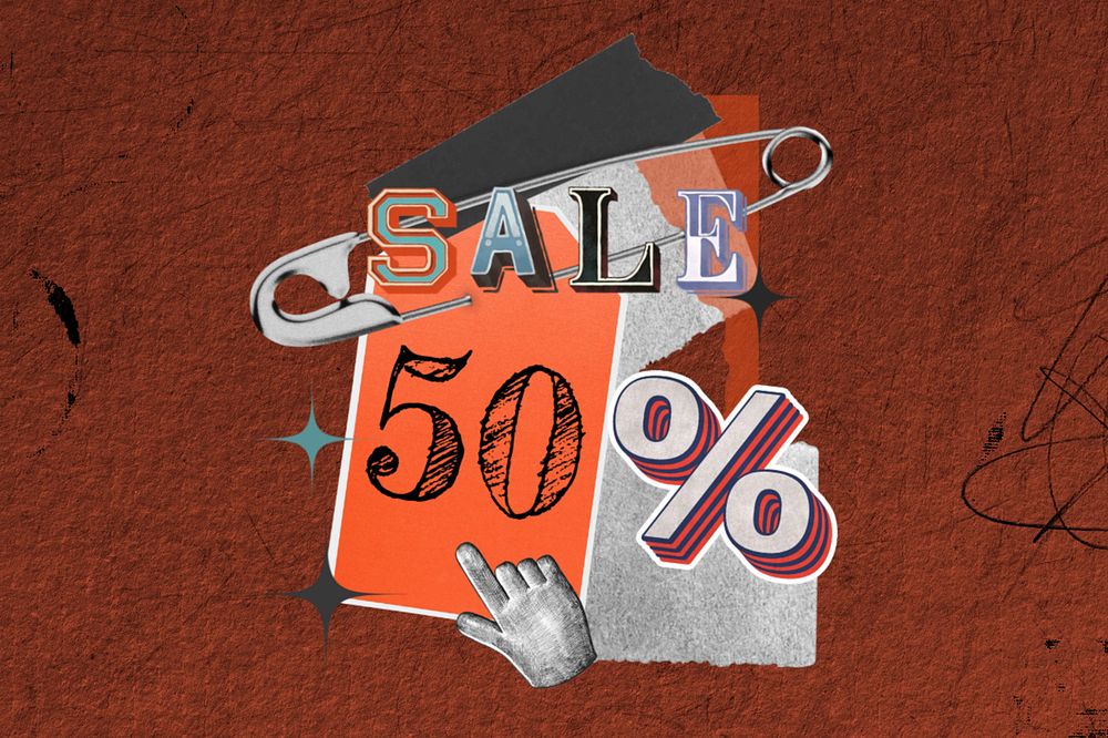 50% sale, creative safety pin paper collage, editable design