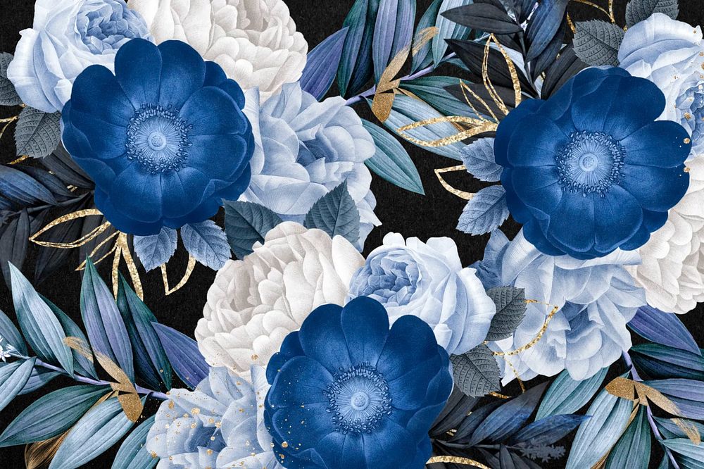 Blue anemone flower background, Winter season, editable design