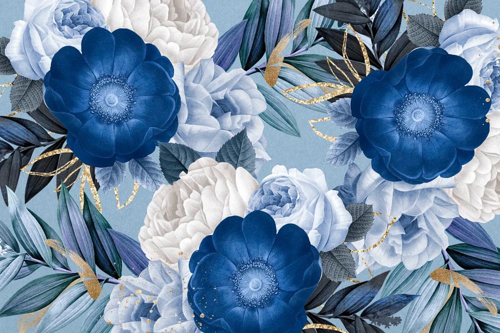 Blue anemone flower background, Winter season, editable design