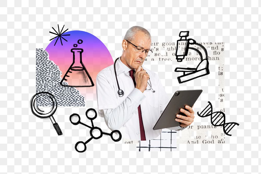 Scientist png using tablet, science doodle remix, editable design