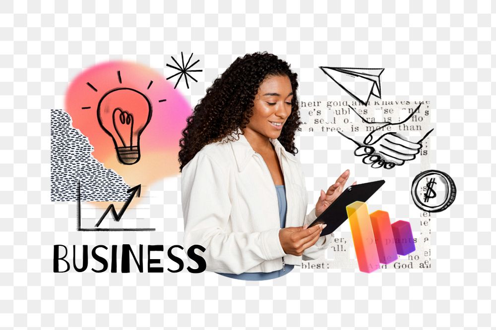 Business word png, businesswoman using tablet remix, editable design