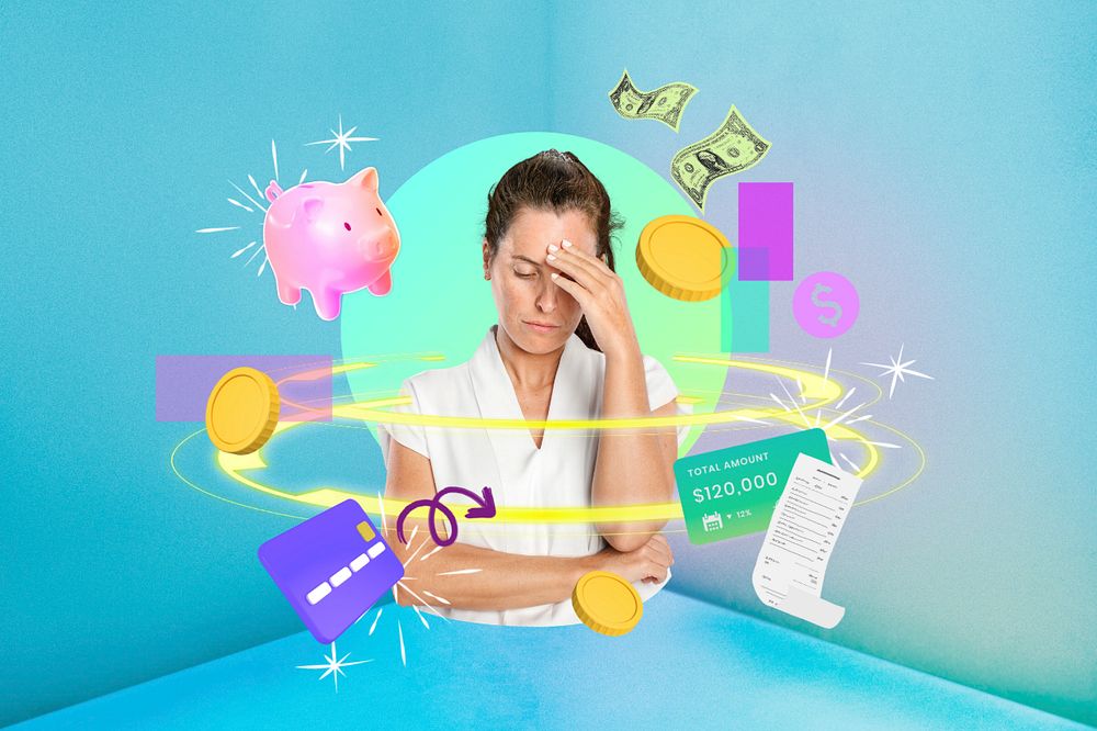 Stressed woman, digital finance remix, editable design