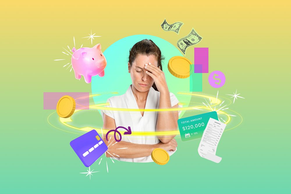 Stressed woman, digital finance remix, editable design