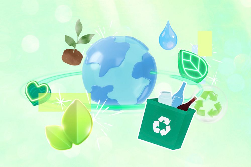 3D globe, recycle bin illustrations, environment remix, editable design