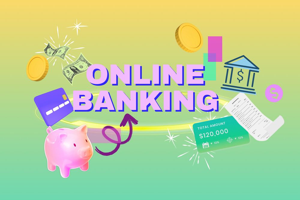 Online banking word, digital remix in neon, editable design