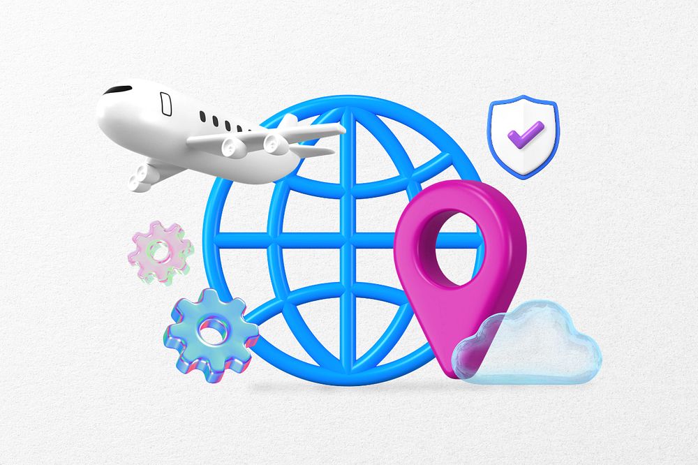 3D grid globe, airplane transportation remix