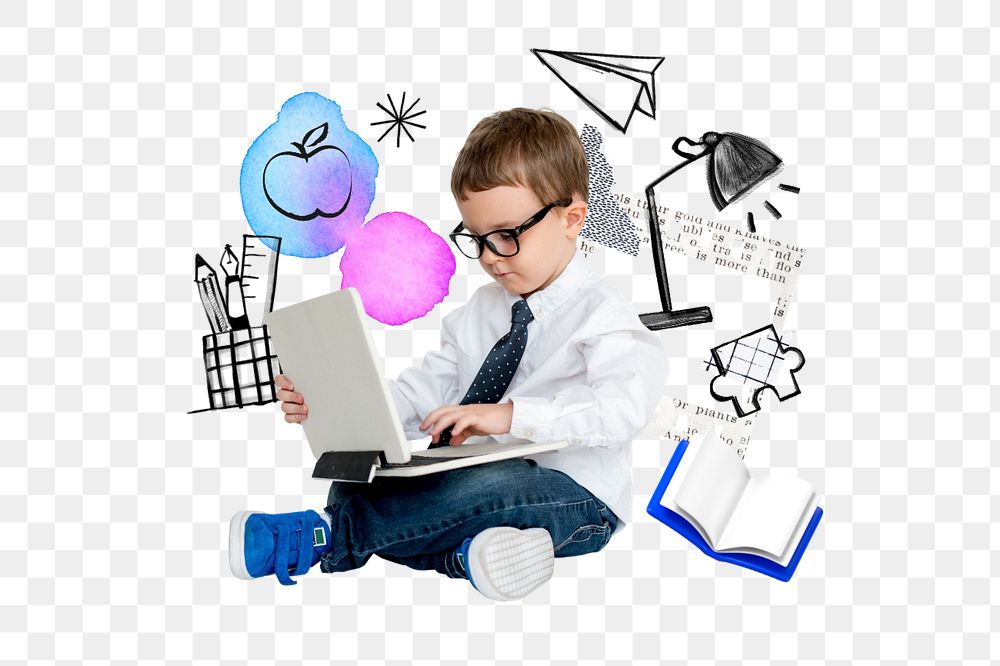 Boy using laptop png, education doodle remix, editable design