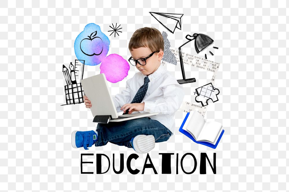 Education word png, boy using laptop remix, editable design