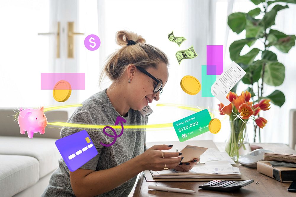 Woman paying bills, finance remix, editable design