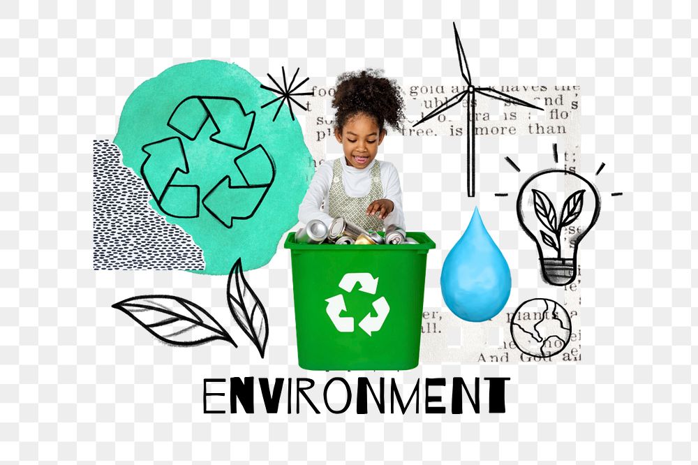 Girl recycling plastics png, environment doodle remix, editable design