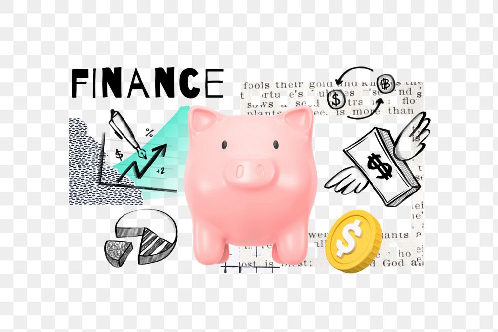 Finance word png, piggy bank remix, editable design