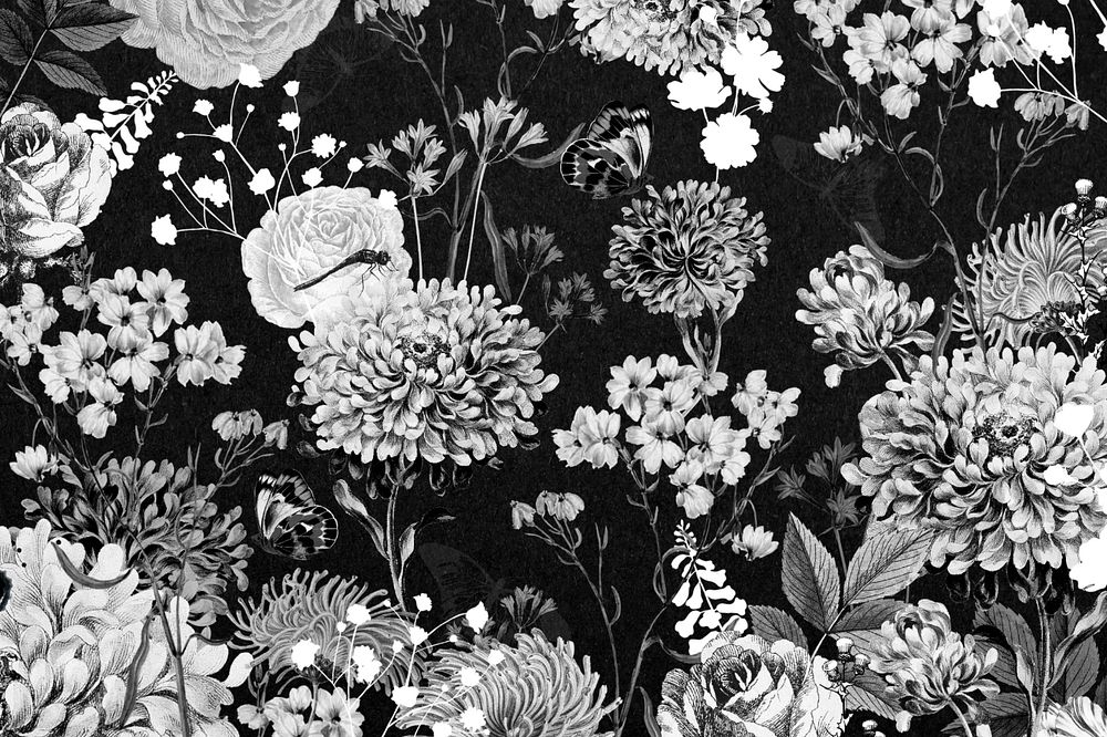 Vintage flower background, black and white illustration, editable design