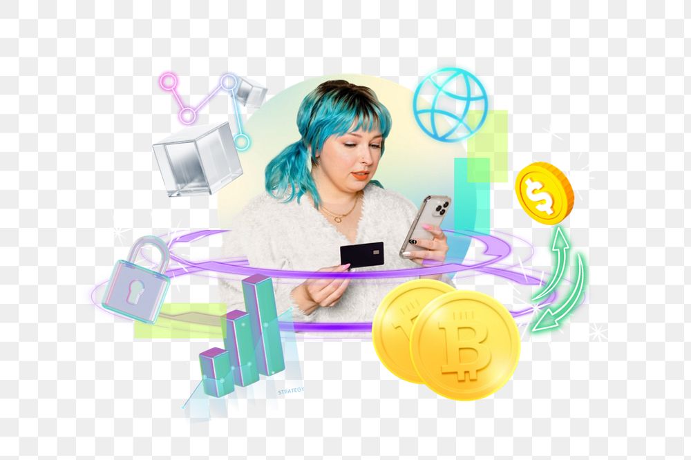 Woman using png credit card, cryptocurrency 3D remix, editable design