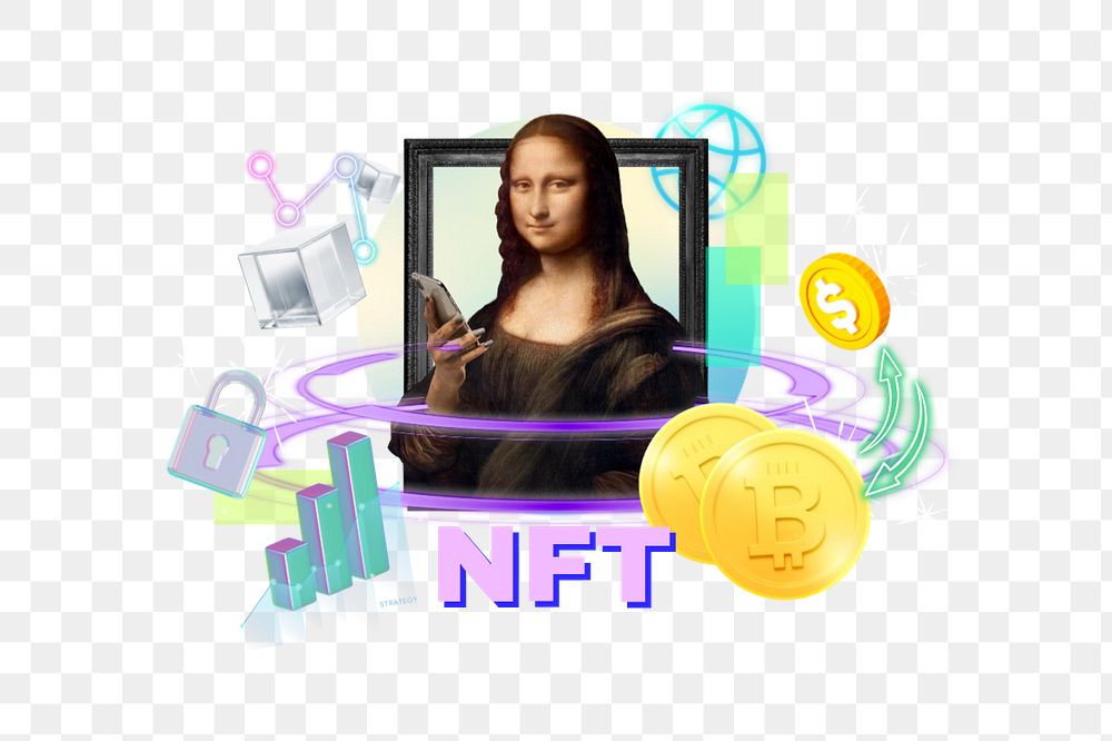 NFT png word, Mona Lisa, finance design in editable neon design. Remixed by rawpixel.