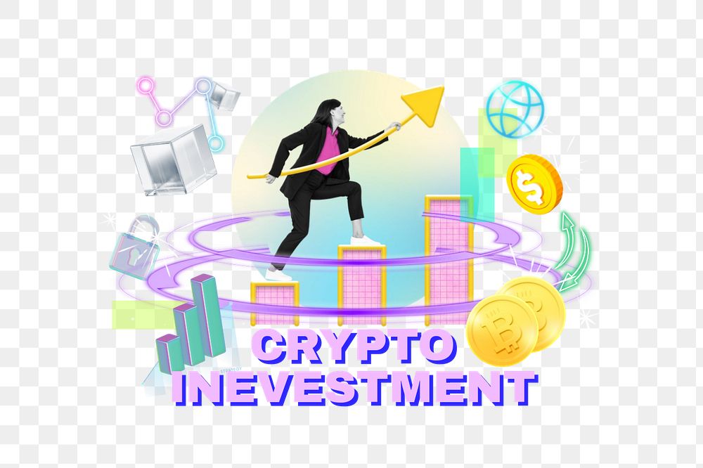 Crypto investment png word, business remix in neon, editable design