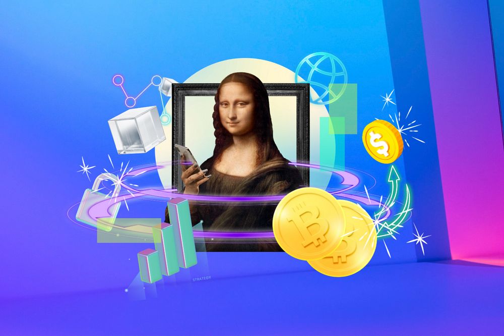 Mona Lisa holding smartphone, editable cryptocurrency 3D design. Remixed by rawpixel.