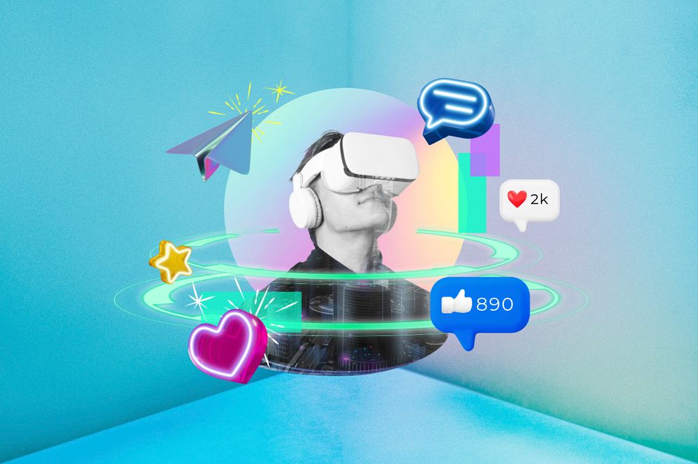 Social media reactions, man wearing VR, digital remix, editable design