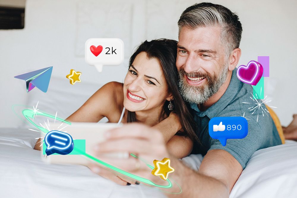 Social media, couple taking selfie, digital remix, editable design